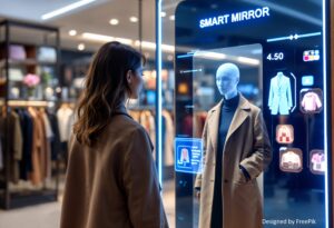 A picture of a woman in a gray coat looking at a magic mirror screen with options for clothes on a retail software 