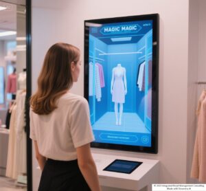 Seorang wanita menggunakan cermin ajaib berkemampuan AR di toko ritel mode untuk menelusuri pakaian yang berbeda di Ruang Pas Virtual