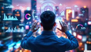 A man looking at predictive analytics hologram and trying to determine the customer lifetime value of a customer