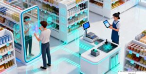 An illustration of a retail store that uses an interconnected technology stack across the store 