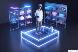 Gambar Digital Twin seorang pria berdiri di toko, menunjukkan teknologi kembar digital yang dapat digunakan untuk tata letak toko