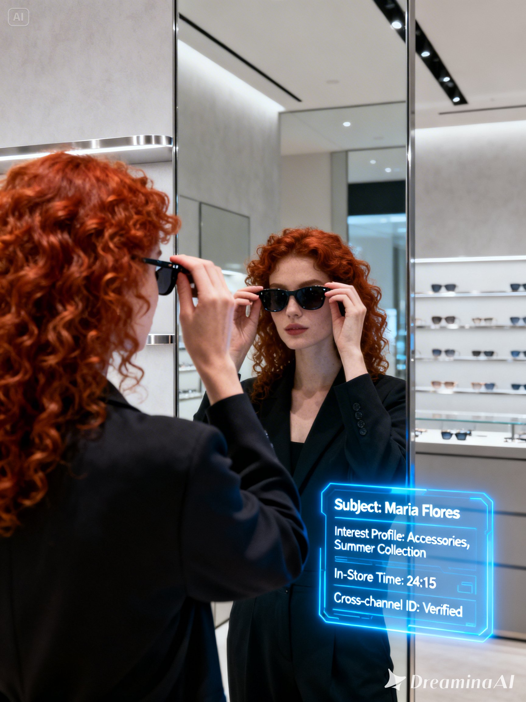 A woman standing in a sunglasses retail store and trying on sunglasses, the store provides her hyper-personalised recommendations through the use of first-party data