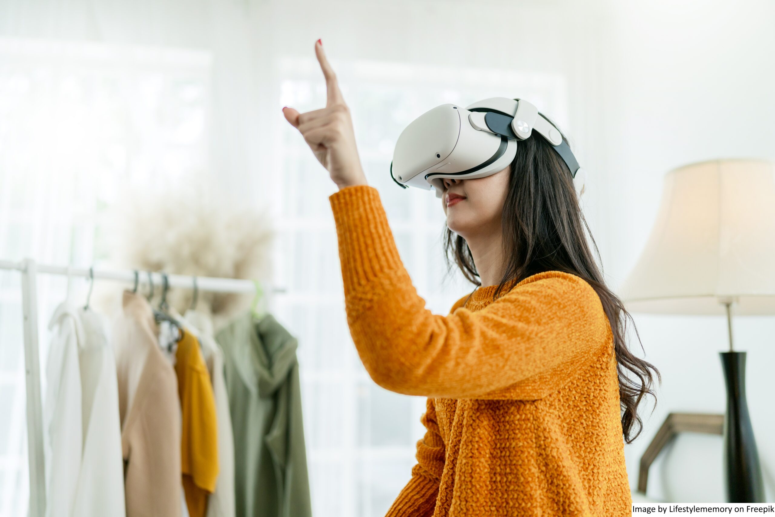 A lady in her living room who is enjoying shopping through a metaverse retail experience. 
