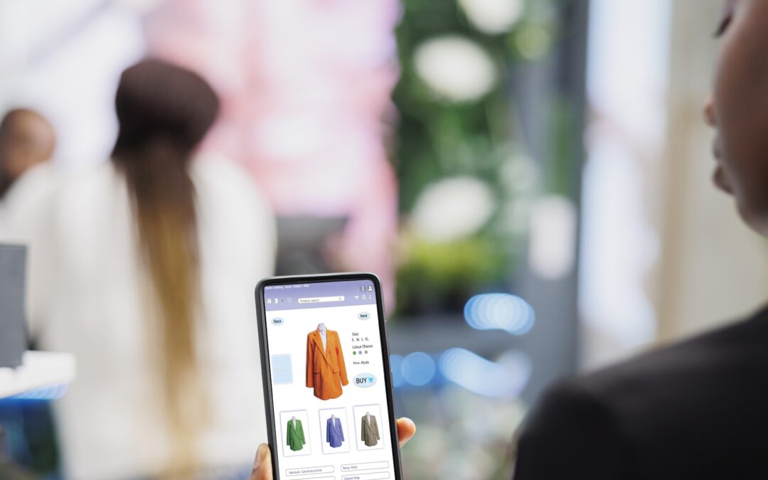 A woman using a mobile app of the retail store that she is in, improving the retail store’s customer loyalty by providing an omnichannel experience.