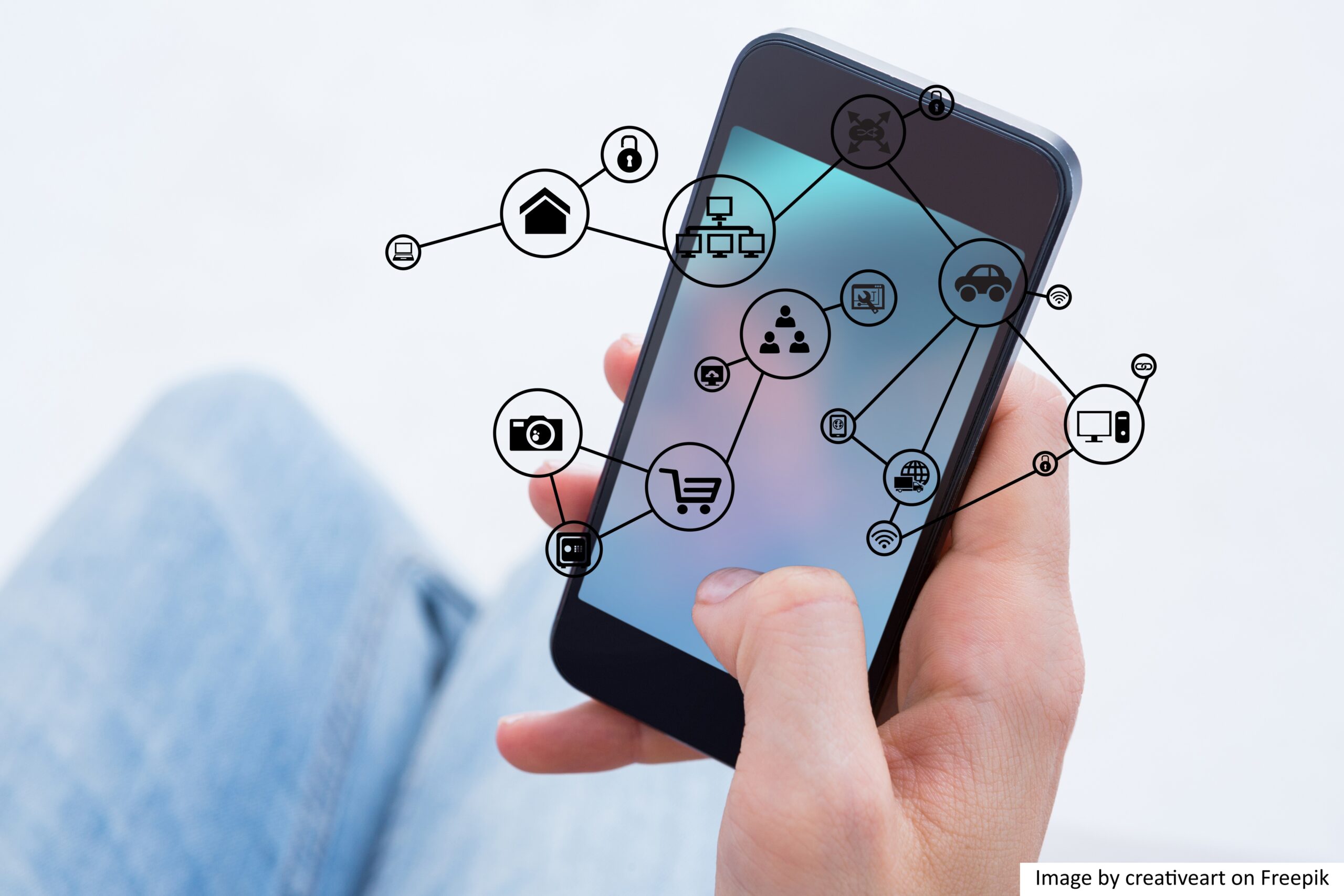 A person holding a phone with various omnichannel retail symbols overlayed on top of it. These features allow the retailer to improve customer loyalty. 