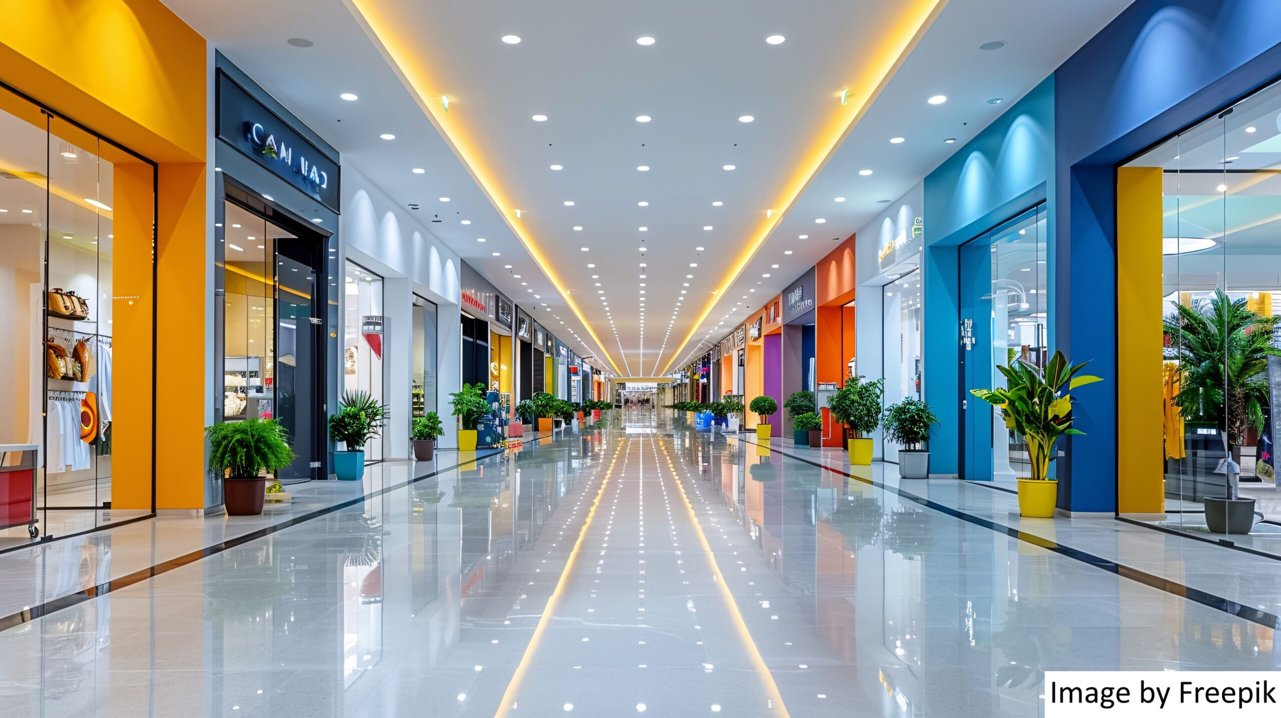 An image of a mall in which the various retailers are deploying a future-ready retail technology strategy. 