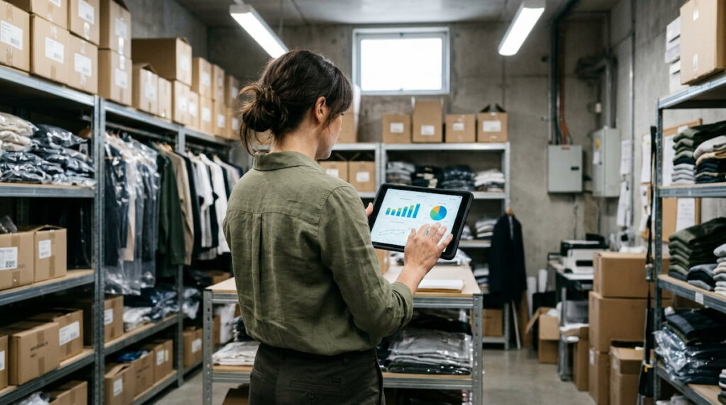Store manager reviewing promotion results after a double-day sale